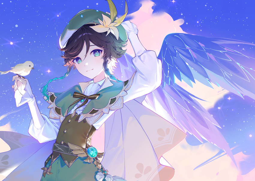 1boy absurdres androgynous aqua_hair beret bird black_hair braid cape closed_mouth flower genshin_impact gradient_hair green_eyes green_hat hair_flower hair_ornament hat highres kkopoli long_sleeves looking_at_viewer male_focus multicolored_hair smile solo twin_braids venti_(genshin_impact) vision_(genshin_impact) white_cape