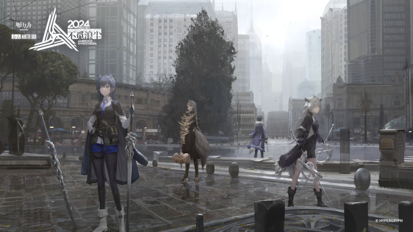 4girls animal_ears arknights black_coat black_gloves black_pantyhose blue_shorts braid braided_ponytail chinese_commentary city closed_eyes coat commentary_request copyright_name copyright_notice dual_wielding extra_ears fingerless_gloves gloves grey_hair hammer holding holding_sword holding_weapon jacket jacket_on_shoulders lappland_(arknights) lappland_(refined_horrormare)_(arknights) long_hair multiple_girls official_art open_clothes outdoors paindude pantyhose penance_(arknights) shorts sword tail texas_(arknights) texas_the_omertosa_(arknights) tree weapon wolf_ears wolf_girl wolf_tail