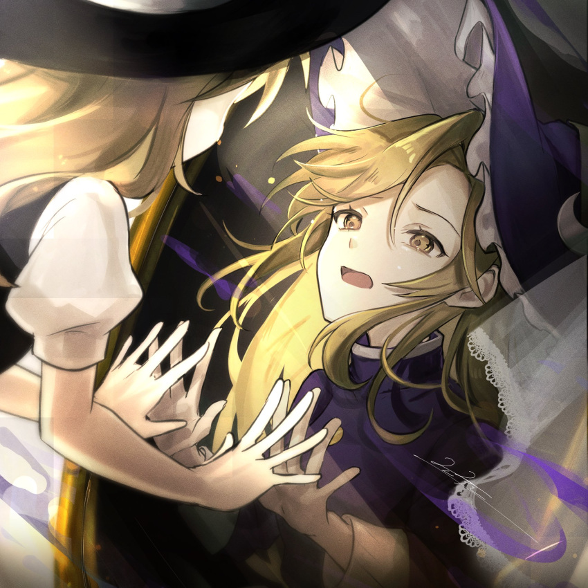 black_vest blonde_hair bow crescent crescent_hat_ornament dress dual_persona frills hat hat_ornament highres kirisame_marisa kirisame_marisa_(pc-98) long_hair long_sleeves looking_at_mirror mirror puffy_short_sleeves puffy_sleeves purple_dress rokuya_(68_zusao) shirt short_sleeves touhou touhou_(pc-98) vest white_shirt witch_hat yellow_eyes