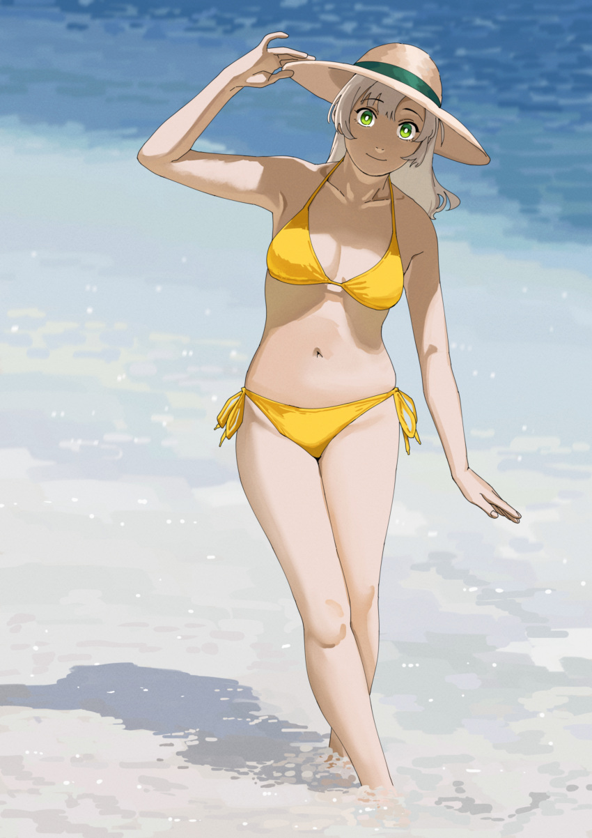 1girl absurdres bikini breasts full_body green_eyes hat highres kantai_collection kinugasa_(kancolle) long_hair looking_at_viewer medium_breasts navel ocean ojipon side-tie_bikini_bottom solo stomach straw_hat swimsuit yellow_bikini