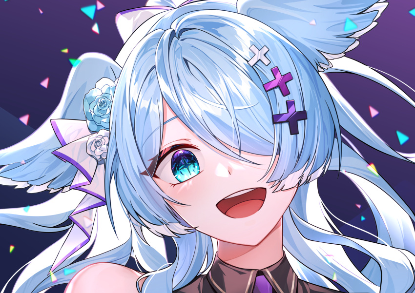 1girl :d aqua_eyes blue_hair cepx4758 confetti cross-shaped_pupils elira_pendora flower hair_flower hair_ornament hair_over_one_eye head_wings highres light_blush long_hair nijisanji nijisanji_en open_mouth single_bare_shoulder smile solo symbol-shaped_pupils virtual_youtuber wings