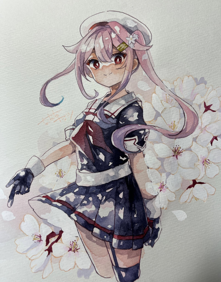 1girl black_serafuku bright_pupils cherry_blossoms cowboy_shot flower gloves hair_flaps hair_flower hair_ornament harusame_(kancolle) hat highres kantai_collection long_hair looking_at_viewer nanananatsu neckerchief painting_(medium) photo_(medium) pink_hair red_eyes red_neckerchief school_uniform serafuku side_ponytail smile solo traditional_media watercolor_(medium) white_hat white_pupils