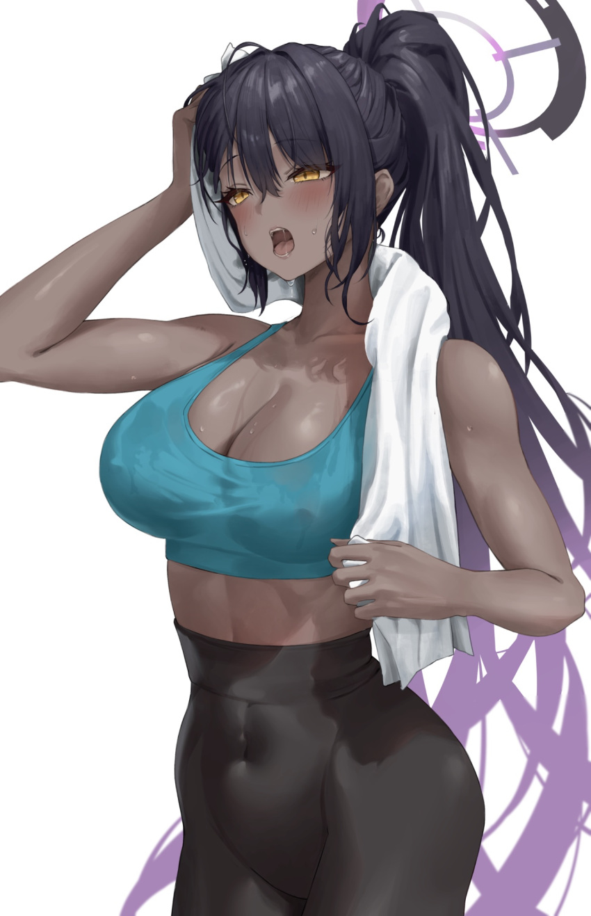 1girl alternate_costume arm_up black_hair black_pants blue_archive blue_sports_bra breasts cleavage commentary covered_navel covered_nipples cowboy_shot dark-skinned_female dark_skin gradient_hair half-closed_eyes halo highres holding holding_towel karin_(blue_archive) large_breasts light_blush long_hair looking_at_viewer multicolored_hair open_mouth pants ponytail purple_halo renge_(730) saliva simple_background solo sports_bra sweat symbol-only_commentary teeth tongue towel towel_around_neck very_long_hair white_background wiping_sweat yellow_eyes yoga_pants