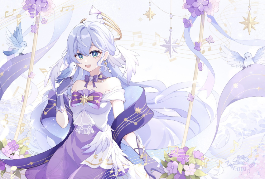 1girl ameoto_00 aqua_eyes bare_shoulders bird bird_on_hand bow bowtie earrings floating_hair flower gloves hair_between_eyes halo hand_up head_wings highres honkai:_star_rail honkai_(series) jewelry long_hair looking_at_animal musical_note official_alternate_costume purple_bow purple_bowtie purple_gloves purple_hair robin_(honkai:_star_rail) smile solo standing teeth upper_teeth_only white_wings wings