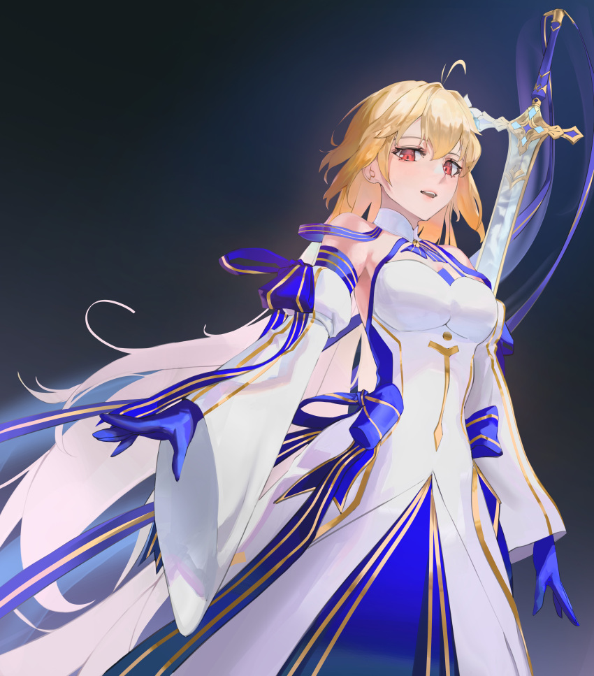 1girl absurdres antenna_hair archetype_earth arcueid_brunestud bare_shoulders blonde_hair blue_gloves breasts cat.106 cowboy_shot detached_collar detached_sleeves dress fate/grand_order fate_(series) floating floating_object floating_sword floating_weapon gloves gold_trim hair_intakes highres large_breasts long_hair long_skirt looking_at_viewer multicolored_clothes multicolored_skirt parted_lips princess_outfit red_eyes sidelocks skirt smile solo strapless strapless_dress sword tsukihime very_long_hair weapon white_dress