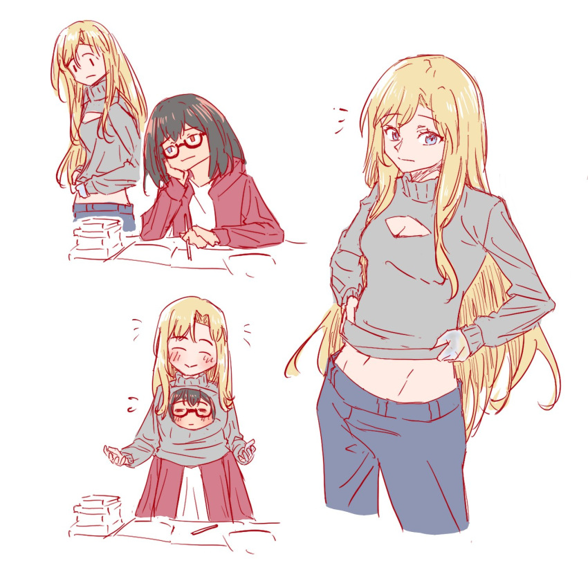 2girls anjuro_zeeku bakarhythm_reaction_challenge_(meme) blonde_hair blue_eyes blue_pants blush book breasts glasses grey_sweater hand_on_own_cheek hand_on_own_face highres jacket kamikoshi_sorawo long_hair looking_at_viewer medium_breasts meme multiple_girls multiple_views navel nishina_toriko open_hands pants pencil red_jacket shirt smile sweater turtleneck turtleneck_sweater urasekai_picnic white_shirt