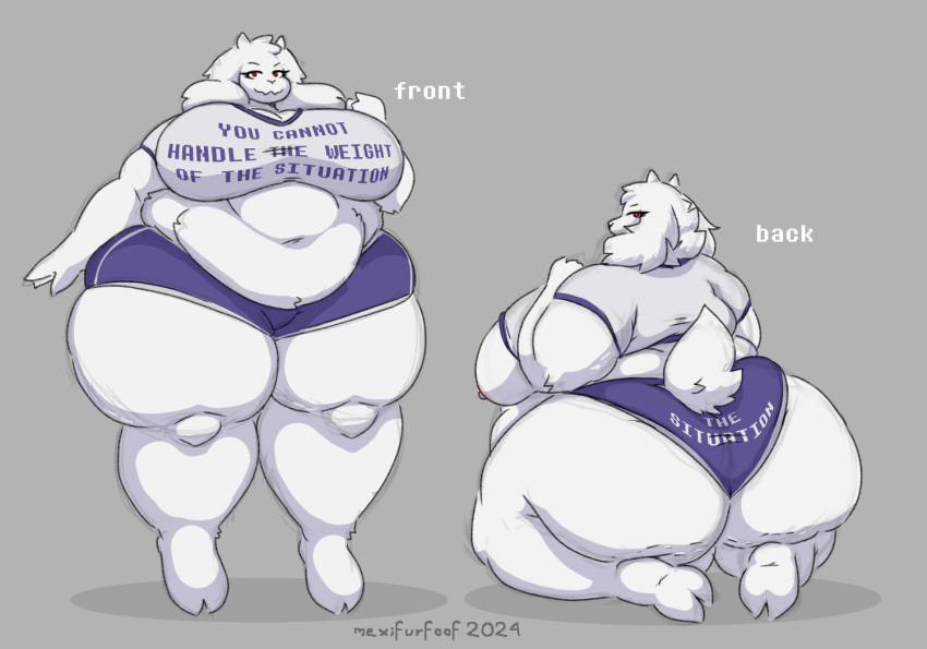 anthro belly big_breasts biped boss_monster_(undertale) bovid breasts butt caprine cellulite clothed clothing curvy_figure digital_drawing_(artwork) digital_media_(artwork) female fur goat horn looking_at_viewer mammal mature_female meme meme_clothing mexifurfoof navel nipples overweight overweight_female red_eyes simple_background smile solo tail text thick_thighs toriel undertale undertale_(series) voluptuous white_body white_fur wide_hips