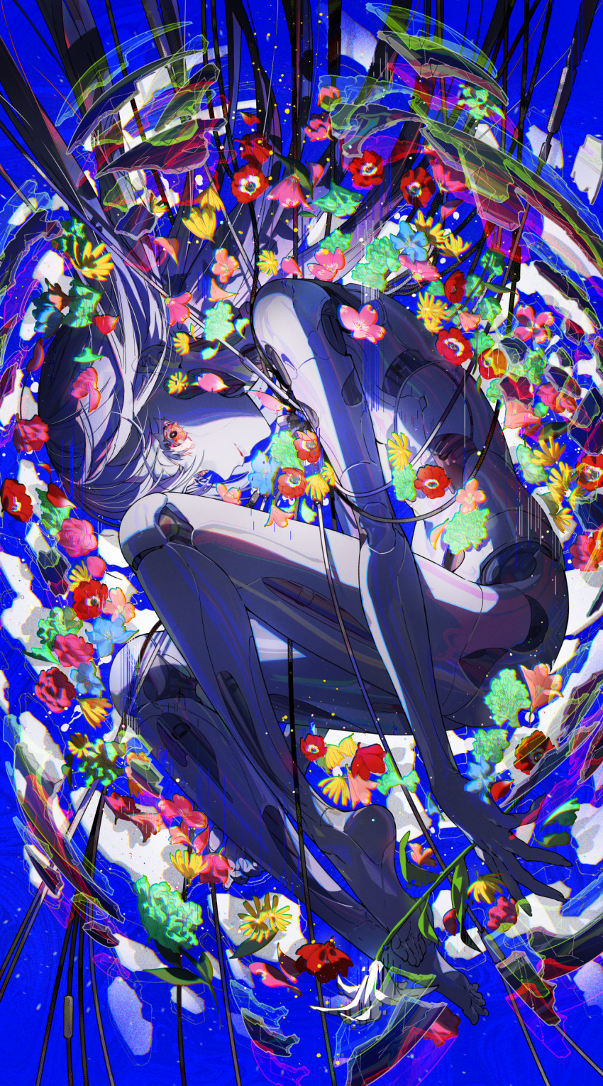1girl blue_background flower full_body highres joints long_hair mechanical_parts mika_pikazo original red_eyes red_flower robot_joints solo