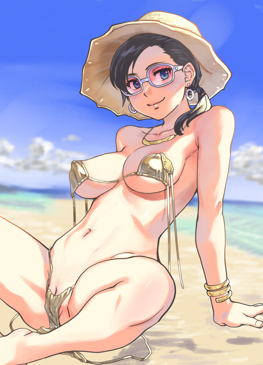 1girl ass bare_shoulders beach bikini black_hair blue_sky blush bracelet breasts cloud covered_nipples earrings hat highres jewelry long_hair looking_at_viewer navel necklace original outdoors ponytail pussy pussy_peek shiwasu_no_okina sitting sky smile solo spread_legs sunglasses swimsuit yellow_bikini