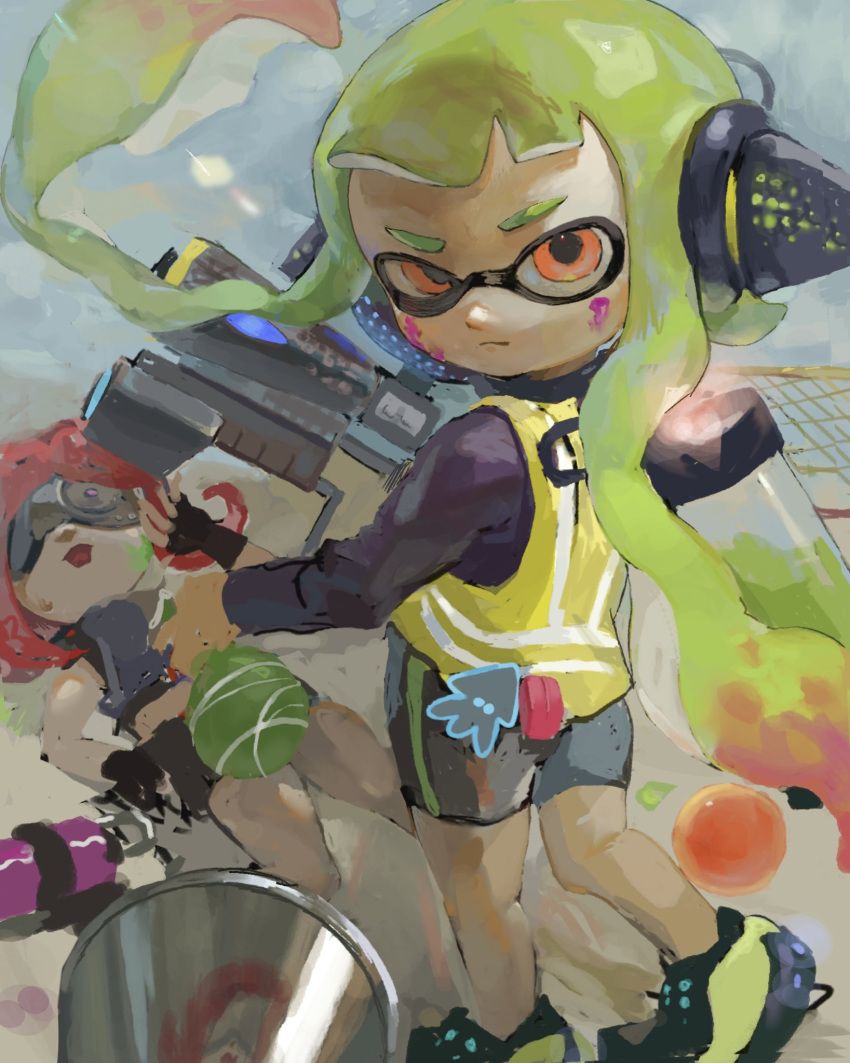 2girls :&lt; agent_3_(splatoon) armor bike_shorts black_footwear black_gloves black_shirt black_shorts breastplate burst_bomb_(splatoon) closed_mouth commentary_request crop_top fingerless_gloves floating_hair from_behind gloves goggles green_hair gun half-closed_eye headphones hero_shot_(splatoon) high-visibility_vest highres holding holding_gun holding_weapon ink_tank_(splatoon) inkling inkling_girl inkling_player_character long_hair long_sleeves looking_at_viewer looking_back lying mepo_1 multiple_girls octoshot_(splatoon) on_floor open_mouth orange_eyes paint_splatter paint_splatter_on_face red_hair shirt shorts splatoon_(series) splatoon_1 squidbeak_splatoon standing takozonesu tentacle_hair twintails uneven_eyes very_long_hair vest weapon yellow_vest