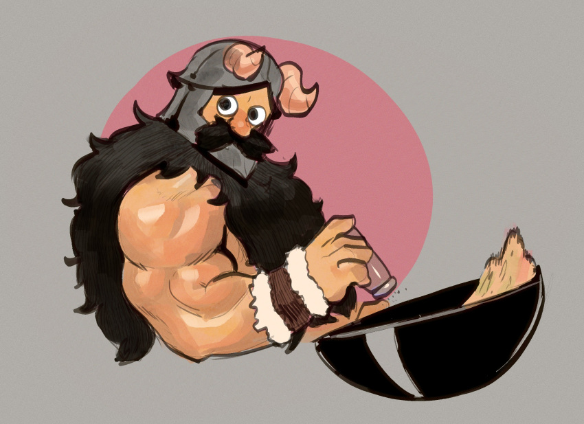 1boy beard biceps cooking cropped_torso dungeon_meshi dwarf facial_hair fake_horns flipping_food food from_side helmet highres horned_helmet horns long_beard looking_at_viewer male_focus muscular muscular_male pbearanims senshi_(dungeon_meshi) solo thick_mustache two-tone_background very_long_beard wok