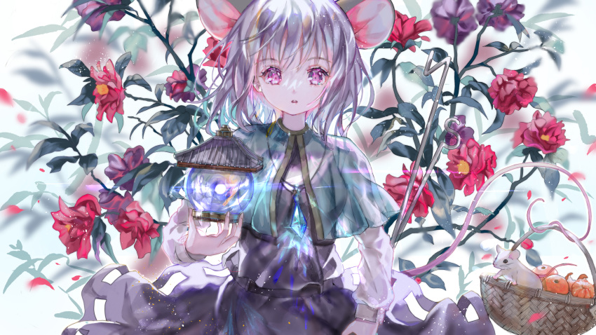 1girl animal_ears bangs basket bishamonten's_pagoda camellia capelet dowsing_rod dress flower food fruit grey_dress grey_hair grey_skirt highres jewelry layered_clothing long_sleeves looking_at_viewer mandarin_orange mouse mouse_ears mouse_tail nazrin pendant pink_eyes piyo_(sqn2idm751) short_hair skirt skirt_set tail touhou