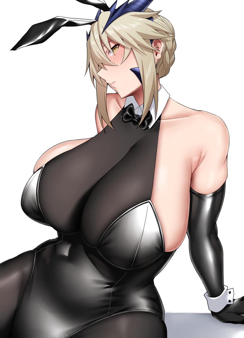 1girl absurdres alternate_costume animal_ears arind_yudha artoria_pendragon_(fate) artoria_pendragon_(lancer_alter)_(fate) bare_shoulders black_bow black_bowtie black_gloves black_leotard blush bow bowtie breasts closed_mouth covered_navel elbow_gloves fake_animal_ears fate/grand_order fate_(series) gloves highres huge_breasts leotard looking_at_viewer medium_hair pantyhose playboy_bunny rabbit_ears simple_background solo white_background yellow_eyes