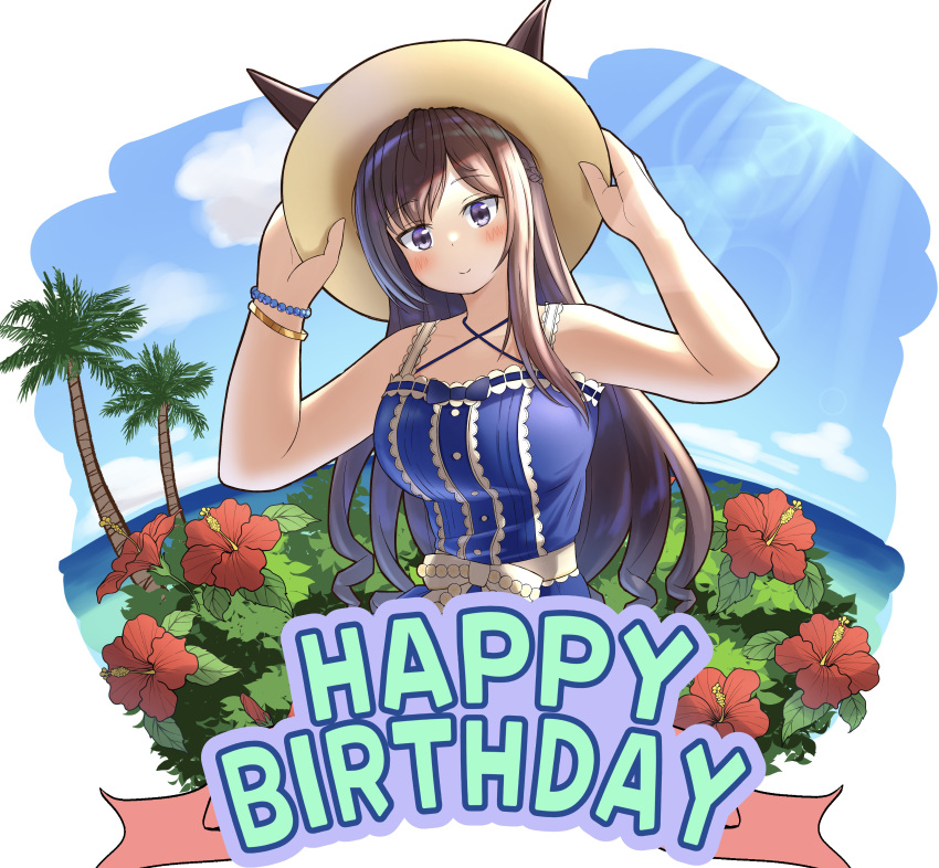 1girl absurdres animal_ears bare_shoulders blue_dress breasts brown_hair commentary criss-cross_halter dress ears_through_headwear flower halterneck happy_birthday hat hibiscus highres horse_ears horse_girl large_breasts long_hair looking_at_viewer mejiro_dober_(umamusume) mejiro_dober_(vacation_safir)_(umamusume) official_alternate_costume purple_eyes sleeveless sleeveless_dress solo straw_hat sun_hat umamusume upper_body yamada_(c57hikaru)