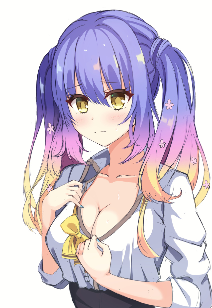 1girl :3 absurdres blue_hair blue_nails blush bow breasts bright_pupils cleavage closed_mouth collarbone collared_shirt commentary eyelashes eyes_visible_through_hair flower gradient_hair gyaru hair_between_eyes hair_flower hair_ornament hands_up highres hot kogal kohibari_kurumi large_breasts long_hair looking_at_viewer multicolored_hair nail_polish niki_7801700 partially_unbuttoned pink_flower pinky_out raised_eyebrows school_uniform shirt sidelocks simple_background sketch sleeves_rolled_up smile solo split_mouth straight_hair sweat tenshi_souzou_re-boot! tsurime twintails upper_body white_background white_shirt yellow_bow yellow_eyes