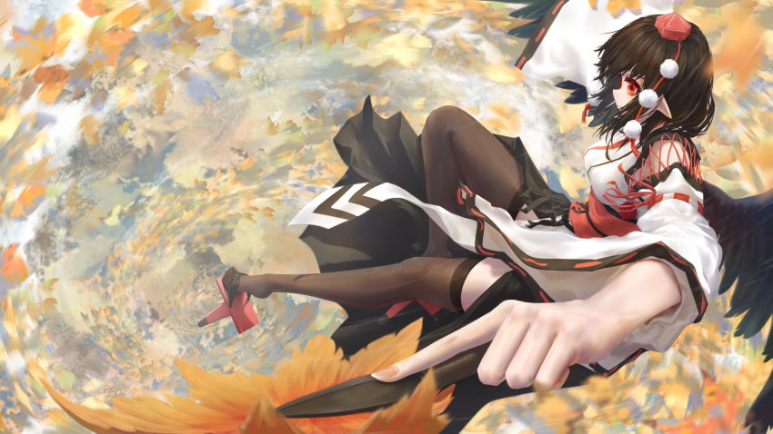 absurdres autumn_leaves bird_wings black_kimono black_thighhighs black_wings breasts bug commentary_request detached_sleeves falling_leaves fasnakegod feathered_wings fingernails fly geta hat highres japanese_clothes kimono kourindou_tengu_costume leaf legs long_sleeves medium_breasts pelvic_curtain pointy_ears pom_pom_(clothes) red_eyes red_footwear red_hat red_sash ribbon-trimmed_sleeves ribbon_trim sash shameimaru_aya short_hair side_slit tengu-geta thighhighs tokin_hat touhou white_kimono wide_sleeves wings