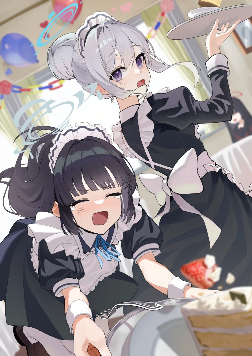 2girls absurdres alternate_costume apron balloon black_dress black_hair blue_archive blue_halo blush cake cake_slice closed_eyes dress enmaided food frilled_apron frills fruit grey_halo halo highres indoors juliet_sleeves long_hair long_sleeves maid maid_apron maid_headdress miyako_(blue_archive) miyu_(blue_archive) multiple_girls ood2 open_mouth puffy_short_sleeves puffy_sleeves purple_eyes short_sleeves strawberry tray white_apron white_hair wrist_cuffs