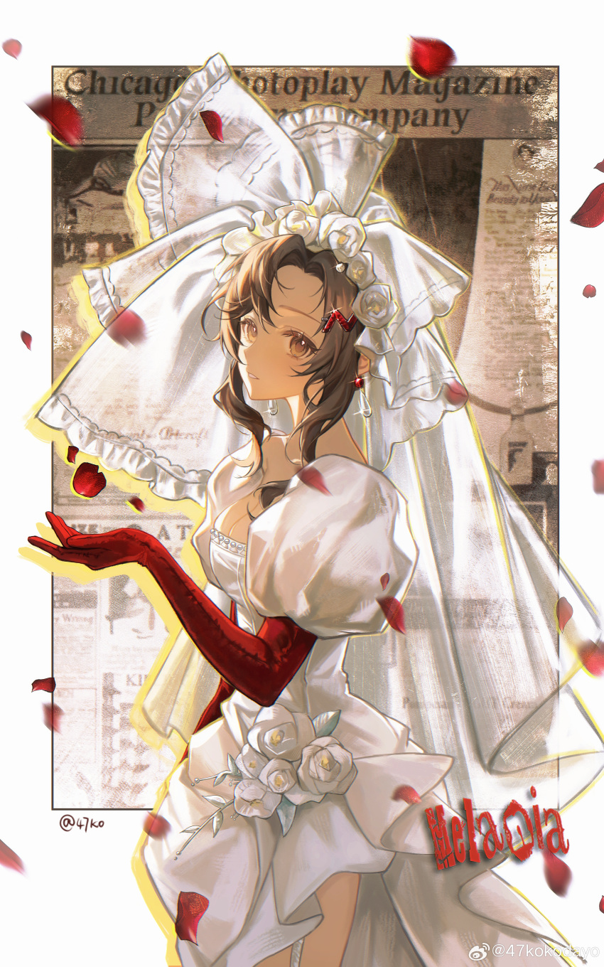 1girl 47ko absurdres artist_name breasts brown_eyes brown_hair character_name cleavage cowboy_shot dress dress_flower earrings elbow_gloves english_text falling_petals flower from_side garter_straps gloves hair_flower hair_ornament hand_up highres jewelry looking_at_viewer medium_hair melania_(reverse:1999) newspaper official_alternate_costume petals puffy_short_sleeves puffy_sleeves red_gloves reverse:1999 rose short_sleeves side_slit sidelocks solo wedding_dress weibo_logo weibo_watermark white_dress white_flower white_rose white_veil