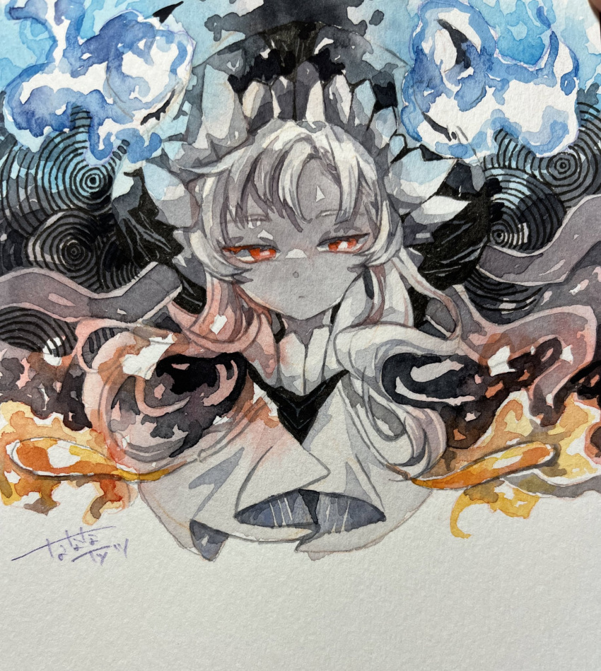 1girl abyssal_ship bright_pupils character_request colored_skin expressionless fire highres kantai_collection long_hair looking_at_viewer nanananatsu painting_(medium) photo_(medium) red_eyes solo traditional_media upper_body watercolor_(medium) white_hair white_pupils white_skin