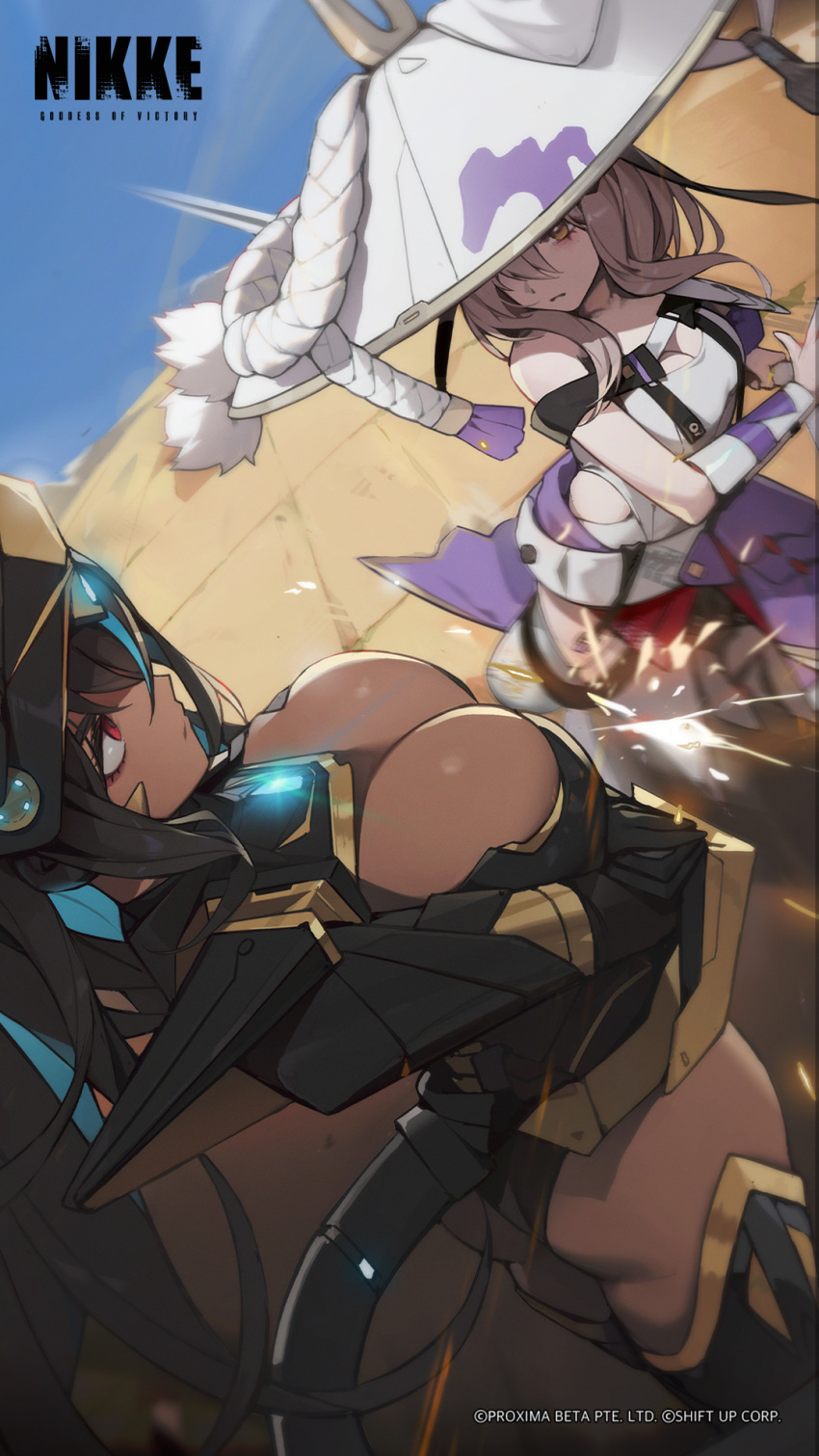 2girls artist_request ass battle black_hair breasts brown_eyes brown_hair closed_mouth commentary cropped crossed_arms dark-skinned_female dark_skin day dress english_commentary goddess_of_victory:_nikke hat highres holding holding_sword holding_weapon indivilia_(nikke) katana large_breasts leaning_forward long_hair multiple_girls official_art red_eyes scarlet_(nikke) second-party_source standing sword tail weapon white_dress