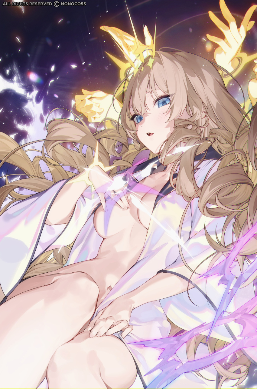 1girl absurdres blonde_hair blue_eyes covering_one_breast covering_privates crown_(naked_king)_(nikke) crown_(nikke) drill_hair goddess_of_victory:_nikke highres light_censor monosucre multiple_hands naked_robe naked_shirt official_alternate_costume open_clothes open_robe print_robe robe shirt solo sparkle_hair_ornament twisted_hair white_robe