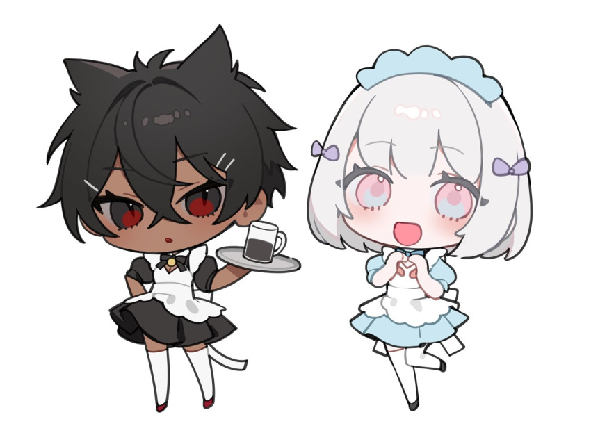 2girls :d :o animal_ears apron bell black_hair blush bow cat_ears chibi coffee_cup cup dark-skinned_female dark_skin disposable_cup hair_bow hair_ornament hairclip maid maid_headdress micchan_(ohisashiburi) multicolored_eyes multiple_girls nacchan_(ohisashiburi) ohisashiburi original pink_eyes puffy_sleeves red_eyes short_hair short_sleeves smile thighhighs tray white_hair