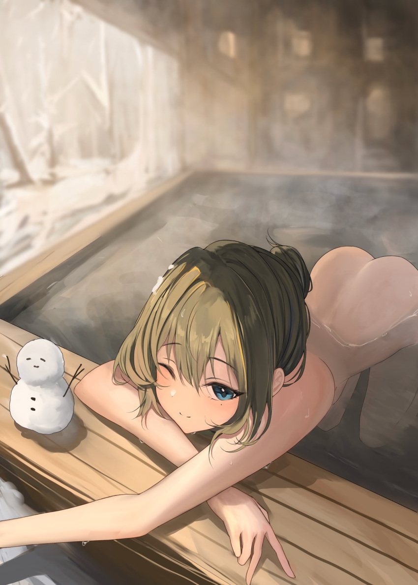 1girl ;) ass bare_shoulders bath blue_eyes blush brown_hair completely_nude hair_bun highres idolmaster idolmaster_cinderella_girls kneeling looking_at_viewer mole mole_under_eye nude nyome991 ofuro one_eye_closed partially_submerged short_hair single_hair_bun smile snow_on_head snowman solo steam takagaki_kaede