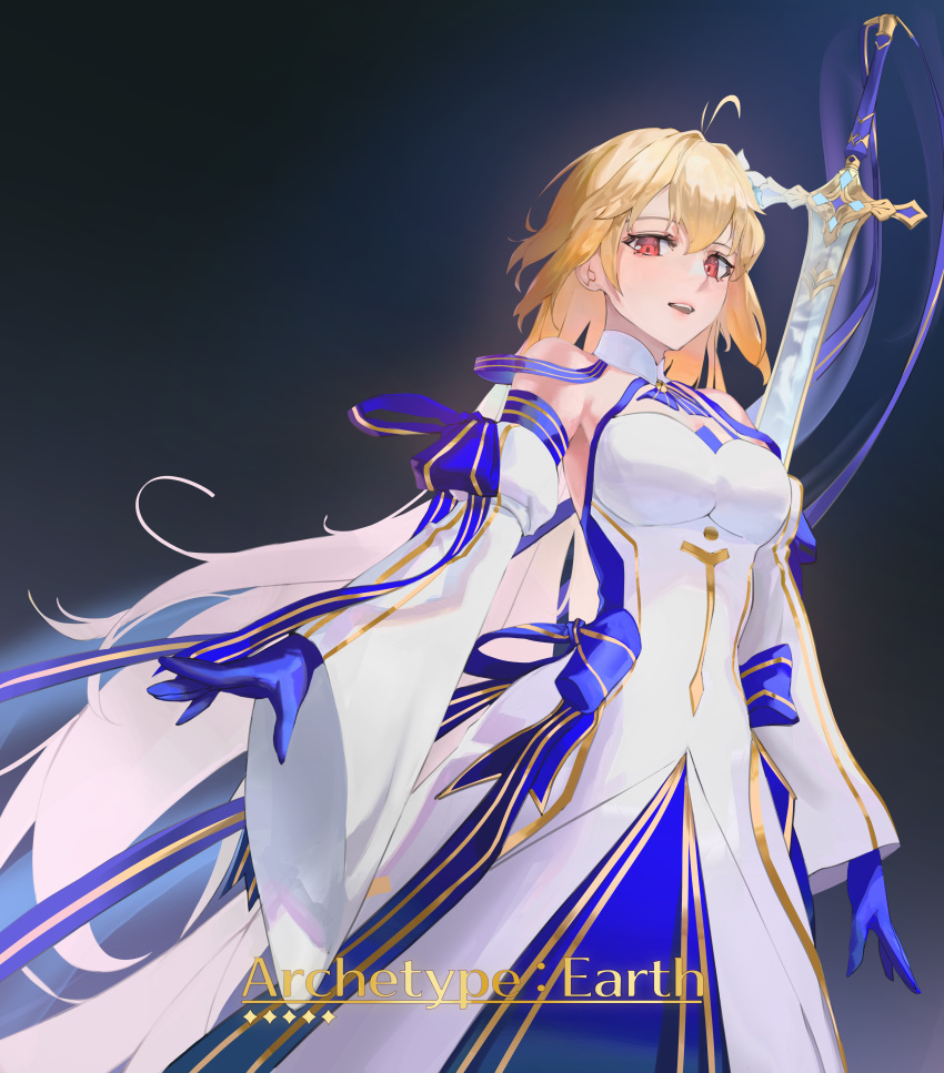 1girl absurdres antenna_hair archetype_earth arcueid_brunestud bare_shoulders blonde_hair blue_gloves breasts cat.106 character_name cowboy_shot detached_collar detached_sleeves dress fate/grand_order fate_(series) floating floating_object floating_sword floating_weapon gloves gold_trim hair_intakes highres large_breasts long_hair long_skirt looking_at_viewer multicolored_clothes multicolored_skirt parted_lips princess_outfit red_eyes sidelocks skirt smile solo strapless strapless_dress sword tsukihime very_long_hair weapon white_dress