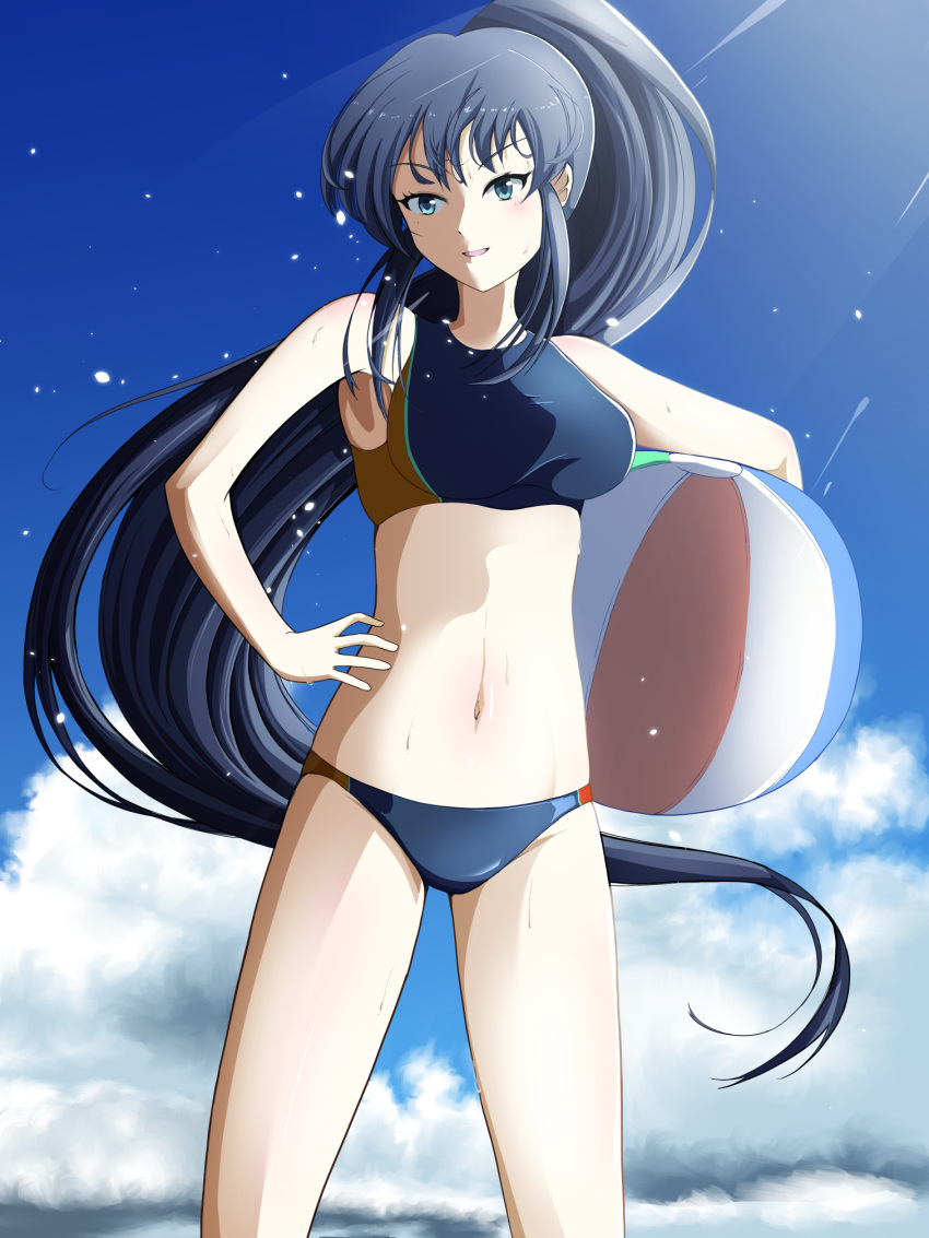 1girl ball beach beachball blue_eyes blue_hair hand_on_own_hip high_ponytail highres holding holding_ball holding_beachball mori_tamotsu sand sasaki_fuuka solo sports_bra two-tone_one-piece_swimsuit watashi_ga_motenai_no_wa_dou_kangaetemo_omaera_ga_warui!