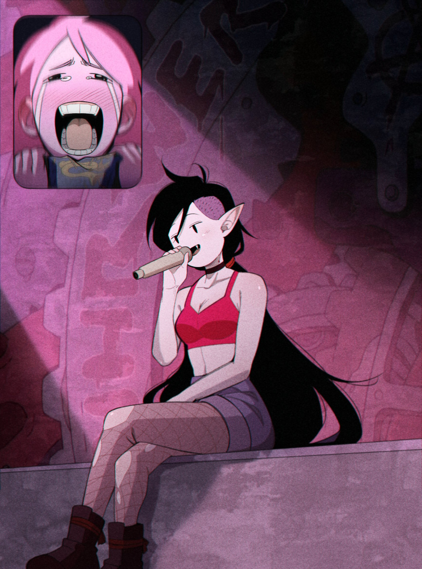 2girls adventure_time bite_mark black_hair blush colored_skin crossed_legs crying fan_screaming_at_madison_beer_(meme) feet_out_of_frame fishnet_pantyhose fishnets grey_skin highres holding holding_microphone inset long_hair marceline_abadeer meme microphone multiple_girls omy-chan open_mouth pantyhose pink_hair pink_skin pointy_ears princess_bonnibel_bubblegum screaming shorts sitting streaming_tears tears torn_clothes torn_pantyhose vampire very_long_hair