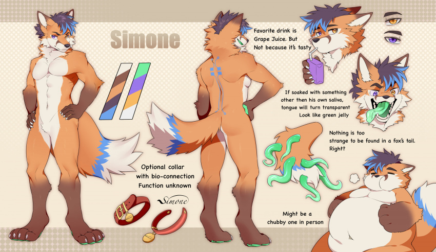 anthro canid canine collar drinking fox grape_juice green_pawpads green_tentacles green_tongue hi_res juice_(beverage) male mammal model_sheet neck_belt orange_body orange_eyes pawpads purple_eyes reddog0701 simone_parker solo tentacles tongue