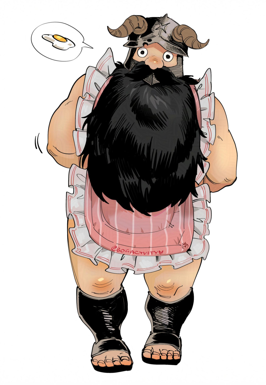 1boy absurdres apron arms_behind_back bara beard bogactivity dungeon_meshi dwarf egg_(food) facial_hair fake_horns food frilled_apron frills full_body helmet highres horned_helmet horns long_beard looking_at_viewer male_focus nearly_naked_apron pink_apron plump senshi_(dungeon_meshi) solo spoken_food standing thick_mustache very_long_beard