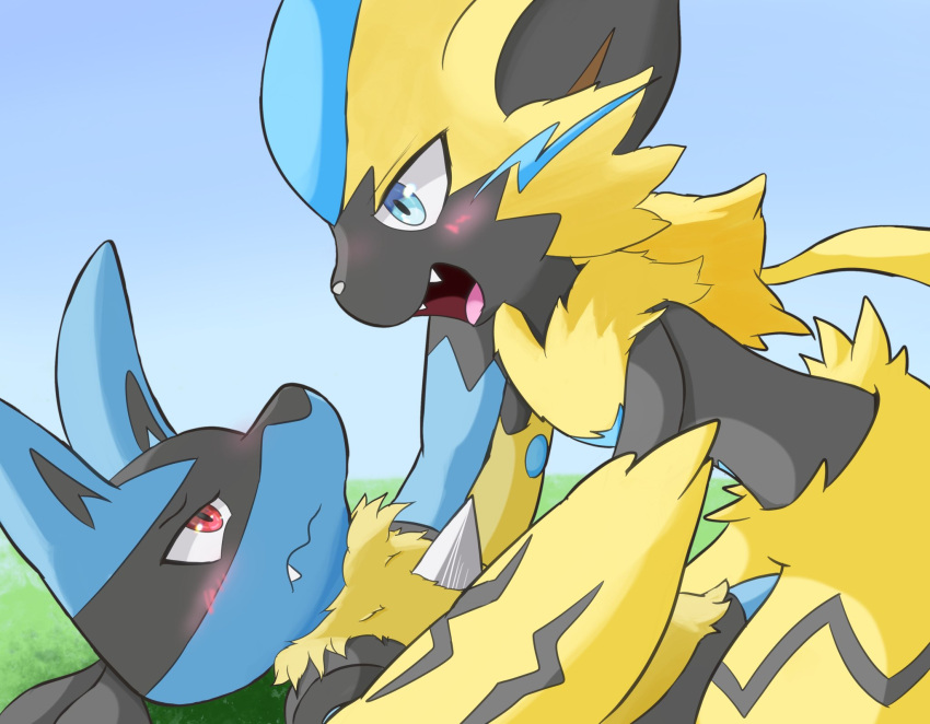 anthro arm_markings biped black_body black_fur blue_body blue_eyes blue_fur blush canid canine caressing_cheek chest_spike cute_fangs digital_media_(artwork) duo felid feline fur fur_markings generation_4_pokemon generation_7_pokemon grass hand_on_partner's_head herschel hi_res leg_markings legendary_pokemon looking_at_another looking_at_partner lucario lying mammal markings nintendo on_back outside pinned pinned_to_ground plant pokemon pokemon_(species) red_eyes romantic romantic_couple sitting_on_another sky spikes spikes_(anatomy) teeth yellow_body yellow_fur zeraora