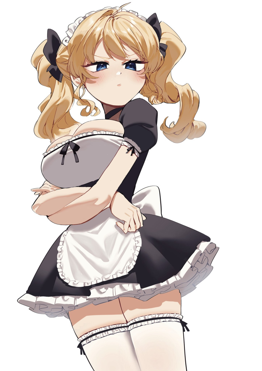 1girl 2l_(2lsize) apron black_bow black_dress blonde_hair blue_eyes blush bow breasts character_request cleavage commission copyright_request crossed_arms dress frilled_thighhighs frills hair_bow highres large_breasts long_hair looking_at_viewer maid_apron maid_headdress pout simple_background skeb_commission solo thighhighs twintails white_apron white_background white_thighhighs zettai_ryouiki