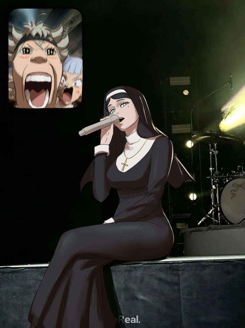 +_+ 1boy 2girls absurdres anger_vein asta_(black_clover) black_clover black_dress blue_eyes concert cross cross_necklace crossed_legs dress drum drum_set english_commentary fan_screaming_at_madison_beer_(meme) grey_hair habit highres holding holding_microphone inset instrument jewelry latin_cross lily_aquaria long_dress long_hair meme microphone mole mole_under_eye multiple_girls music necklace noelle_silva nun purple_eyes screaming short_hair singing stage_lights traditional_nun twintails zetman92