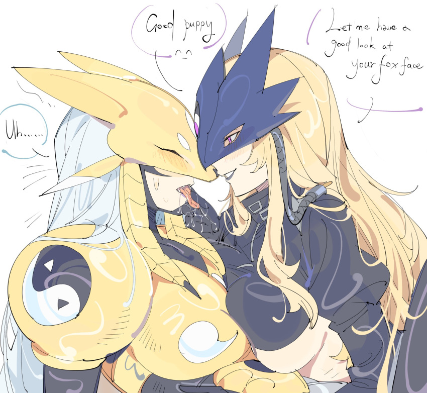 2girls animal_ears armor beelstarmon black_bodysuit black_coat black_shirt blonde_hair blush bodysuit breastplate breasts closed_eyes coat commentary crop_top digimon digimon_(creature) english_text eye_mask fake_animal_ears fox_ears fox_mask gold_armor highres holding_another's_tongue large_breasts looking_at_another mask multiple_girls purple_eyes purple_lips sakuyamon saliva shirt shoulder_armor symbol-only_commentary third_eye tongue tongue_out underboob upper_body white_background white_hair yuri zocehuy