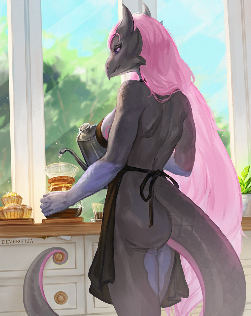 anthro apron apron_only avian beak bird black_body black_scales breasts clothing detailed_background devergilia dragon female food hair hi_res hybrid inside kitchen long_hair mostly_nude muffin mythological_creature mythological_scalie mythology pink_hair pouring_liquid rear_view scales scalie solo window