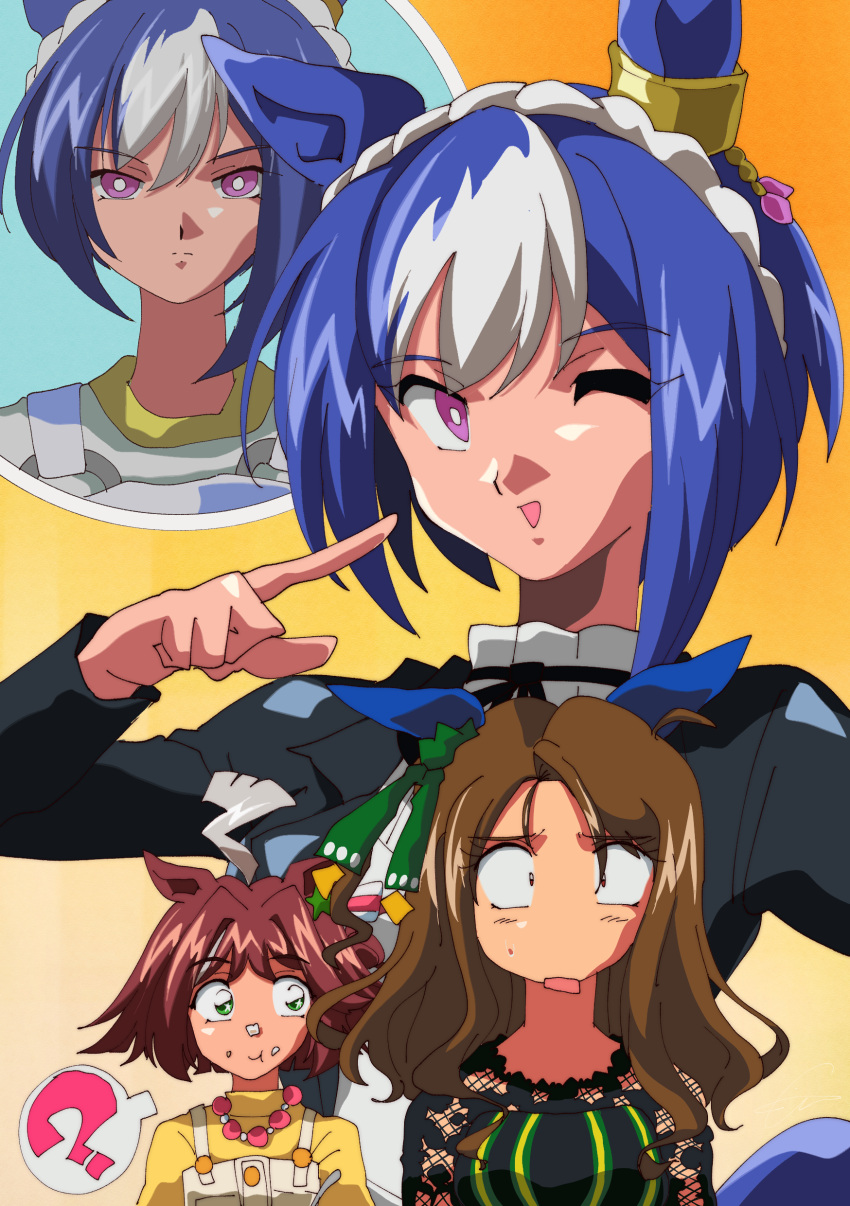 3girls ? absurdres ahoge animal_ears anime_coloring blue_hair blush braid breasts brown_hair casual cesario_(umamusume) commentary_request crown_braid eating food_in_mouth hair_ornament highres horse_ears horse_girl horse_tail king_halo_(umamusume) looking_at_viewer medium_hair multiple_girls one_eye_closed pointing pointing_at_self rhein_kraft_(umamusume) sin_emu tail umamusume