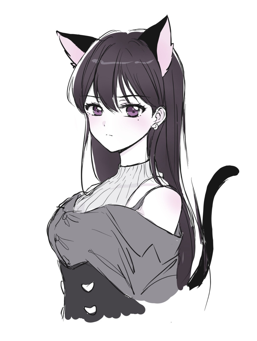 1girl animal_ears bang_dream! bang_dream!_it's_mygo!!!!! blush brown_hair cat_ears cat_girl cat_tail commentary earrings grey_shirt hashtag-only_commentary highres jewelry kemonomimi_mode long_hair looking_at_viewer mole mole_under_eye off_shoulder ppora purple_eyes ribbed_sweater shiina_taki shirt simple_background sleeveless sleeveless_sweater solo sweater tail upper_body white_background white_sweater