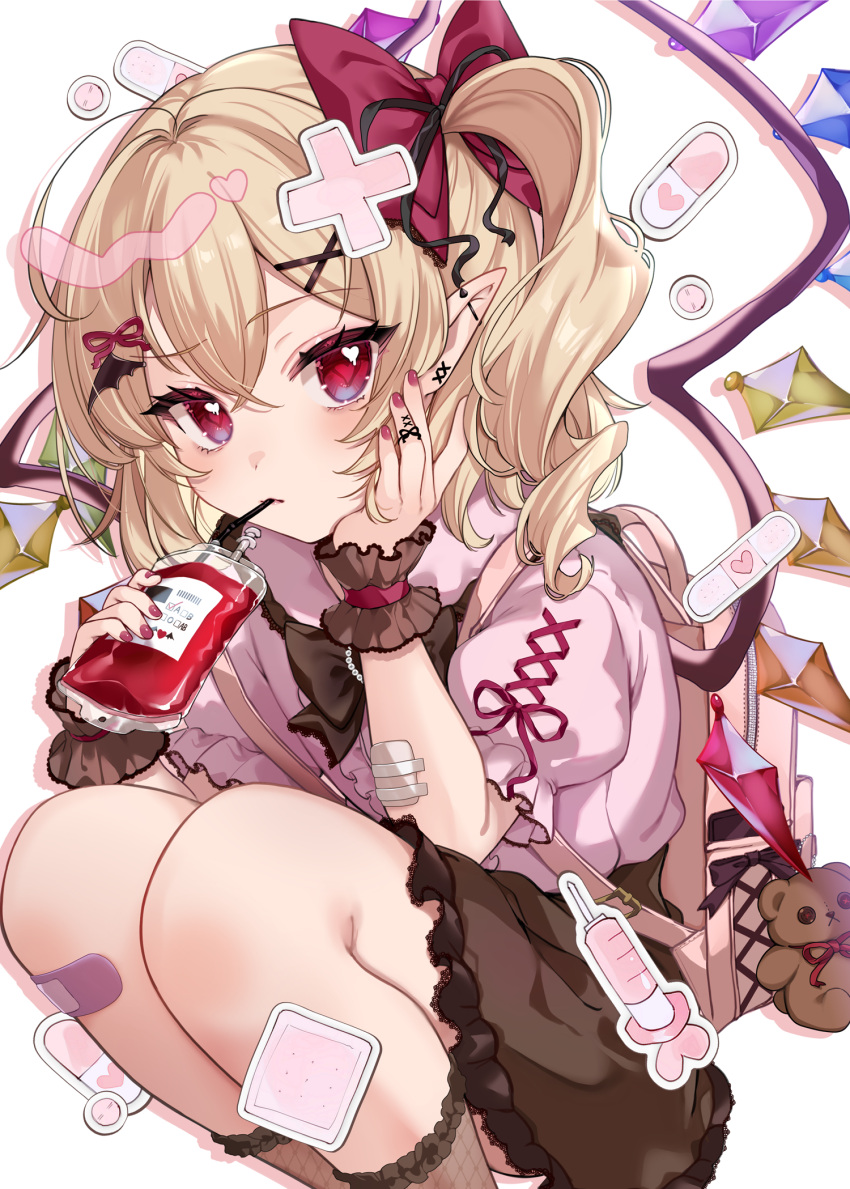 1girl ass backpack bag bandaid bandaid_on_leg black_skirt black_socks blonde_hair blood blush bow crystal drinking_straw drinking_straw_in_mouth fingernails flandre_scarlet frilled_skirt frilled_sleeves frills hair_between_eyes hair_bow highres holding jirai_kei long_hair looking_at_viewer nail_polish paragasu_(parags112) pink_shirt pointy_ears puffy_short_sleeves puffy_sleeves red_bow red_eyes red_nails shirt short_sleeves simple_background skirt socks solo touhou white_background wings