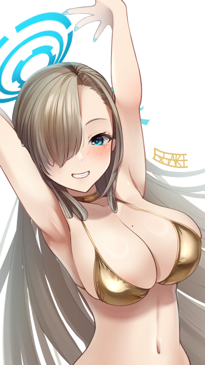 1girl arms_up asuna_(blue_archive) bikini blonde_hair blue_archive blue_eyes blue_nails breasts ex_saki gold_bikini gold_choker grin hair_over_one_eye halo highres large_breasts long_hair looking_at_viewer mole mole_on_breast simple_background smile solo swimsuit teeth very_long_hair white_background