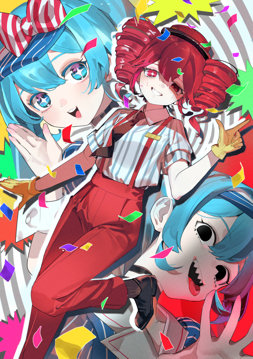 2girls :3 aegyo_sal aqua_eyes aqua_hair black_choker black_eyes black_necktie blush bow choker collared_shirt colored_eyelashes comparison confetti crazy drill_hair empty_eyes eyeshadow gloves hair_between_eyes hair_bow hand_up happy hat hatsune_miku highres index_finger_raised kasane_teto leg_up light_blush long_hair looking_at_viewer makeup mesmerizer_(vocaloid) multiple_girls necktie nik_ibi open_mouth opposing_sides pants pinstripe_hat pinstripe_pattern polar_opposites red_bow red_eyes red_hair red_hat red_pants scared shaded_face sharp_teeth shirt short_sleeves star_(symbol) star_in_eye striped_bow striped_clothes striped_shirt suspenders sweat symbol_in_eye teeth tongue tongue_out twin_drills twintails upper_teeth_only visor_cap vocaloid wrist_cuffs yellow_gloves