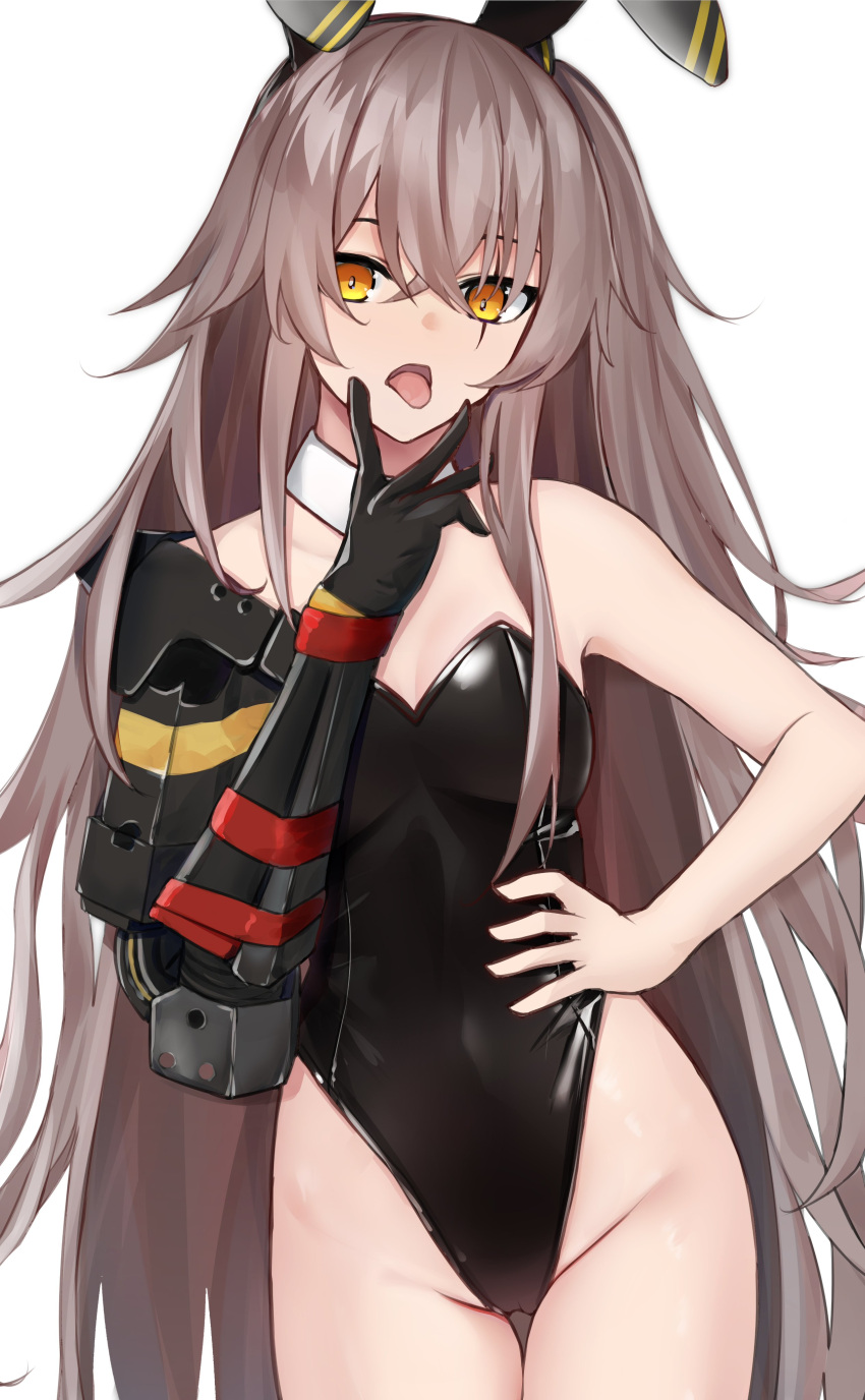 1girl absurdres alternate_costume animal_ears black_leotard brown_hair commentary detached_collar english_commentary fake_animal_ears girls'_frontline hair_between_eyes hand_on_own_hip hand_up highleg highleg_leotard highres kotoha_(kotoha65) leotard long_hair looking_at_viewer mechanical_arms one_side_up open_mouth playboy_bunny rabbit_ears scar scar_across_eye simple_background single_mechanical_arm solo straight-on tongue tongue_out ump45_(girls'_frontline) ump45_(mod3)_(girls'_frontline) white_background yellow_eyes