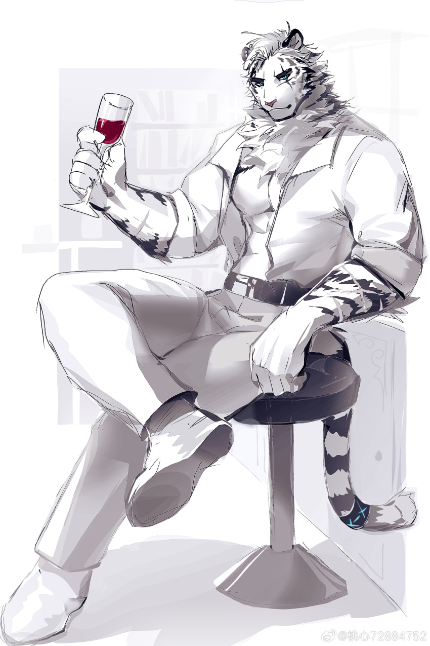 1boy abs absurdres animal_ears arknights bara blue_eyes cross_scar cup drink drinking_glass furry furry_male hashtag-only_commentary highres holding holding_cup holding_drink infection_monitor_(arknights) looking_at_viewer male_focus mountain_(arknights) multiple_scars muscular muscular_male open_clothes open_shirt pants pectorals red_wine scar scar_across_eye scar_on_arm scar_on_cheek scar_on_face shabi96522 shirt smile tail tiger_boy tiger_ears tiger_stripes tiger_tail weibo_logo weibo_watermark white_footwear white_pants white_shirt wine_glass