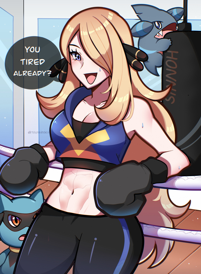 1girl :d abs absurdres alternate_costume alternate_eye_color black_pants blonde_hair blue_eyes boxing_gloves boxing_ring breasts collarbone cynthia_(pokemon) english_text gible hair_over_one_eye highres large_breasts leaning_back long_hair looking_at_viewer midriff navel open_mouth pants pokemon pokemon_(creature) pokemon_dppt punching_bag riolu rope smile speech_bubble sports_bra stomach sweat touyarokii very_long_hair workout_clothes yoga_pants