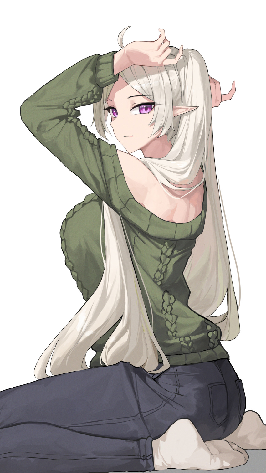 1girl absurdres ahoge ai-bon arms_up ass bare_shoulders black_pants breasts commentary commission green_sweater highres large_breasts long_sleeves no_shoes off-shoulder_sweater off_shoulder original pants pointy_ears purple_eyes simple_background sitting socks solo sweater wariza white_background white_hair white_socks