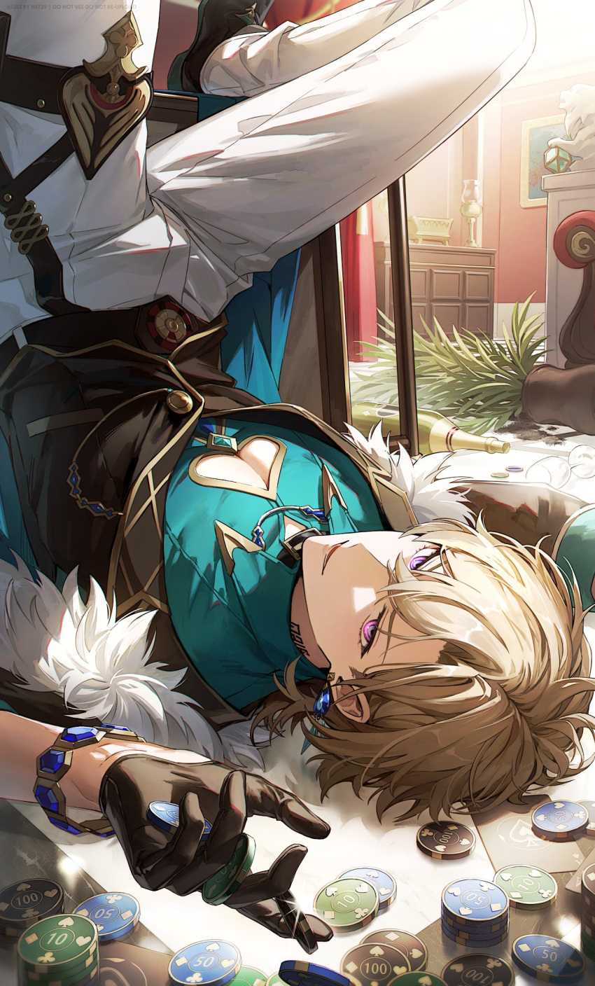 1boy aqua_shirt aventurine_(honkai:_star_rail) black_gloves blonde_hair bracelet clothing_cutout collared_shirt earrings fur_trim gloves hair_between_eyes highres honkai:_star_rail honkai_(series) indoors jewelry looking_at_viewer lying male_focus nez39 on_back on_floor pants pectoral_cleavage pectorals poker_chip shirt short_hair solo white_pants