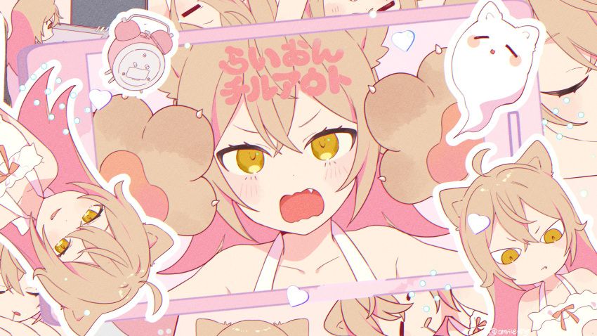 absurdres ahoge alarm_clock animal_ears animal_hands blush_stickers bow cellphone clock closed_eyes double-parted_bangs dress drooling fang ghost gloves heart highres indie_virtual_youtuber light_brown_hair light_frown lion_ears lion_girl long_hair multiple_views omutatsu open_mouth paw_gloves phone red_bow rurudo_lion rurudo_lion_(1st_costume) sleeveless sleeveless_dress smartphone twitter_username v-shaped_eyebrows video_thumbnail virtual_youtuber white_dress yellow_eyes