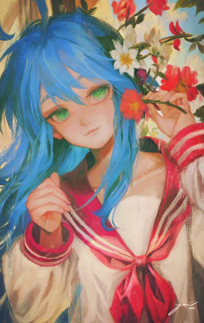 1girl absurdres ahoge blue_hair cloud collarbone commentary flower green_eyes hair_between_eyes highres holding holding_flower izumi_konata long_hair long_sleeves looking_at_viewer lucky_star mole mole_under_eye neckerchief red_neckerchief red_sailor_collar ryouou_school_uniform saik_you sailor_collar school_uniform serafuku signature sky smile solo symbol-only_commentary upper_body very_long_hair