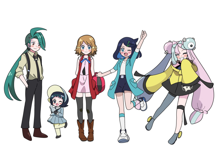 5girls ;d arm_up arms_behind_back bare_shoulders black_hair black_necktie black_thighhighs blonde_hair blue_eyes blue_hair blue_jacket blush_stickers bow-shaped_hair brown_footwear character_hair_ornament closed_eyes collared_shirt dress full_body green_hair grey_pantyhose hair_ornament hairclip hand_in_pocket highres iono_(pokemon) jacket leg_up liko_(pokemon) long_hair looking_at_another looking_at_viewer miin_(toukotouya) multiple_girls necktie one_eye_closed open_clothes open_jacket open_mouth pants pantyhose pink_dress pink_hair pokemon pokemon_(anime) pokemon_horizons pokemon_sv pokemon_xy_(anime) ponytail poppy_(pokemon) rika_(pokemon) serena_(pokemon) sharp_teeth shirt shoes short_hair shorts single_leg_pantyhose sleeves_past_fingers sleeves_past_wrists smile suspenders teeth thigh_strap thighhighs twintails very_long_hair white_background white_footwear white_shirt yellow_jacket